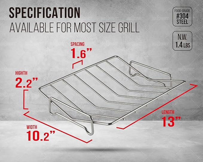 Stainless Steel Turkey Roasting Rack, V-shaped Racks for Smoking and Broiling Chicken, Bird, and Pork Tenderloin. Nonstick Cooking Rack for Roasting Pan. Kamado, Smoker, BGE Accessories, 13×10"