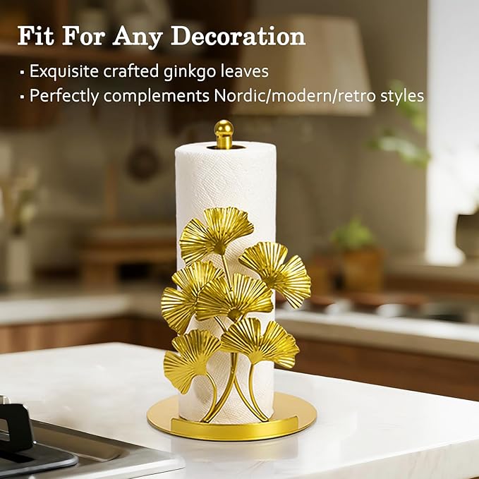 Vintage Gold Ginkgo Paper Towel Holder Countertop - Gold Kitchen Decor and Accessories, Luxury Housewarming Gifts for Women, 3D Ornate Leaf Textured, Retro Design Home Decor, Weighted Base & Felt Pad - Image 4