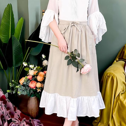 Cotton Linen Half Apron for Women Vintage Waist Apron Ruffle Plain Bright Color for Cooking Painting Artwork