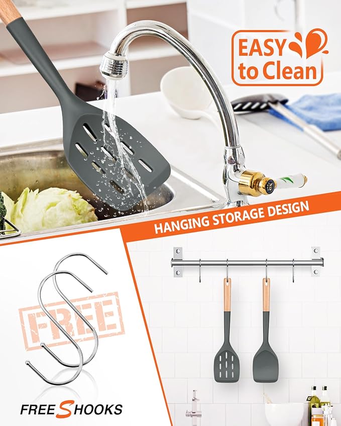 Pack of 2 Silicone Spatula, Non Stick Cooking Utensil Set Wooden Handle Kitchen Turner for Baking Mixing Grilling Serving Food Heat Resistant Non Scratch Hooks Included (Grey) - Image 5