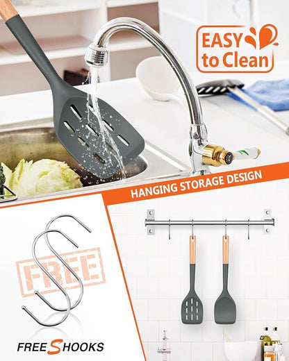 Pack of 2 Silicone Spatula, Non Stick Cooking Utensil Set Wooden Handle Kitchen Turner for Baking Mixing Grilling Serving Food Heat Resistant Non Scratch Hooks Included (Grey) - Image 5