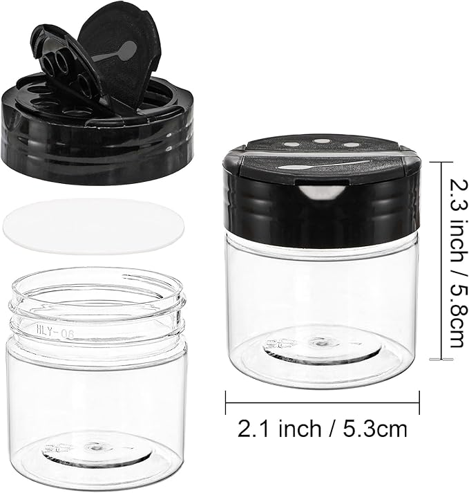 Foraineam 30 Pack Clear Plastic Jars 4 oz Mini Seasoning Bottles Spice Jars with Black Flip Cap to Pour Or Shaker, Round Food Safe Storage Containers with Lids for Spice Powders Cosmetics Crafts