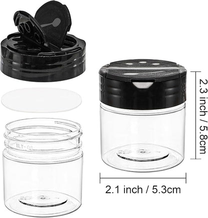 Foraineam 30 Pack Clear Plastic Jars 4 oz Mini Seasoning Bottles Spice Jars with Black Flip Cap to Pour Or Shaker, Round Food Safe Storage Containers with Lids for Spice Powders Cosmetics Crafts