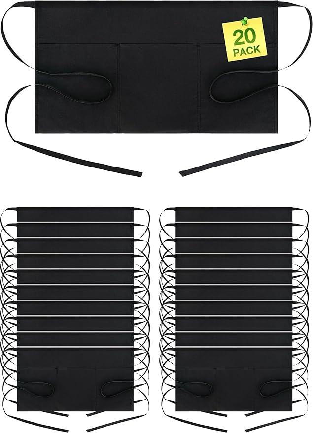BOHARERS Waist Apron with 3 Pockets 20 Pack - Black Waitress Server Short Apron by BOHARERS