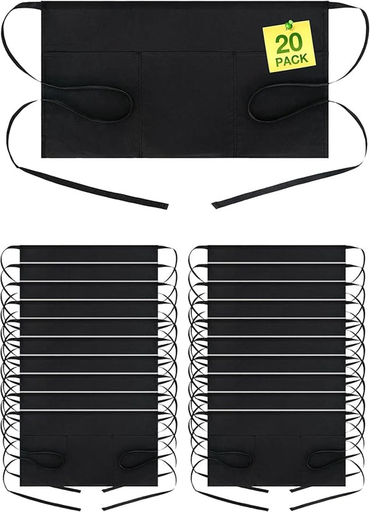 BOHARERS Waist Apron with 3 Pockets 20 Pack - Black Waitress Server Short Apron by BOHARERS