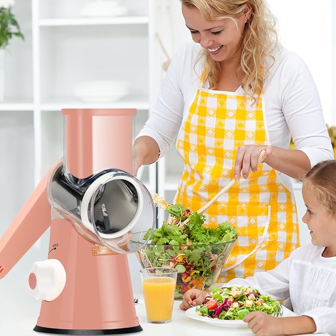 Ourokhome Rotary Cheese Grater Hand Crank, Kitchen Shredder Speed Mandolin Slicer Nuts Grinder with Handle and Drum Blades for Cheese, Vegetable, Walnuts, Chocolate, Potato, Carrot, 3 Blades, Pink - Image 9