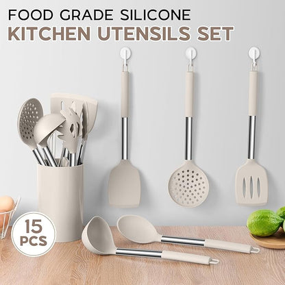 Onader Silicone Cooking Utensils Set of 15, Kitchen Utensils Set with Holder for Nonstick Cookware, 446°F Heat Resistant Stainless Steel Handle - Khaki - Image 5