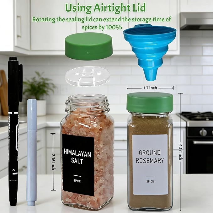 Spice Jars with Labels - 24 Glass Spice with Shaker Lids & Airtight Plastic Caps - 4oz Complete Seasoning Containers Organizer Set for Cabinet, Drawer & Rack (Green) - Image 5