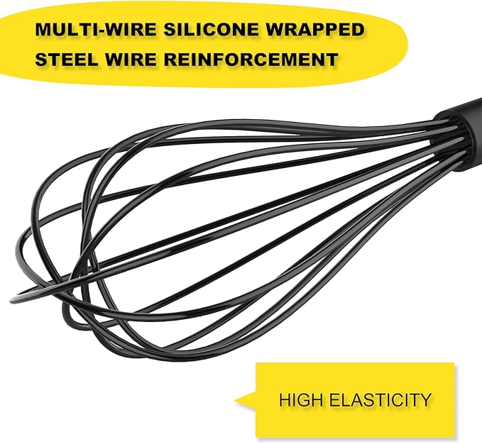 NileHome Silicone Whisk Set 8" 10" Kitchen Whisk Kitchen Wisk Wire Whisks for Cooking, Whisking, Blending, Beating, Stirring-Black - Image 3