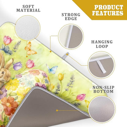 Easter Egg Dish Drying Mat 18x24 Inch Bunny Floral Green Drying Pad for Kitchen Counter Washable - Image 4