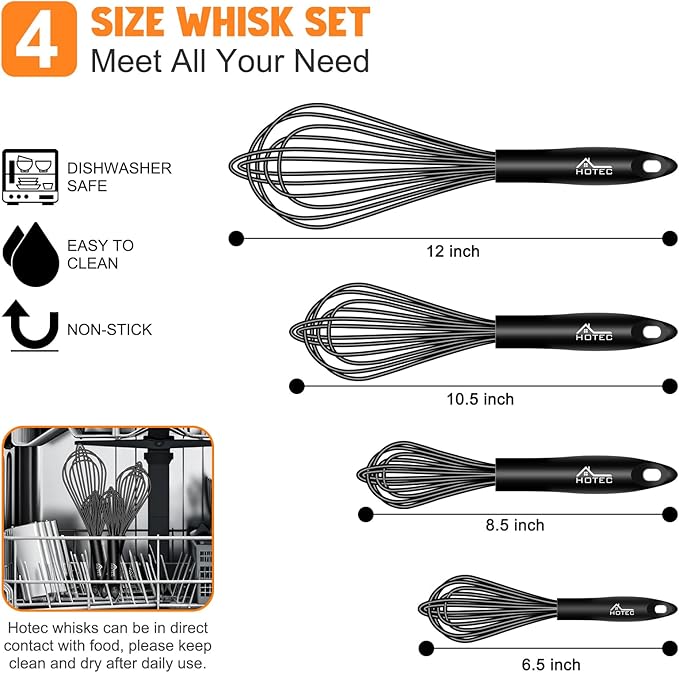 HOTEC 4 Pieces Silicone Whisks Set, Wire Balloon Whisks Egg Beater, Non-slip Handle Whisk for Non-stick Cookware Perfect for Cooking, Stirring, Beating and Blending (Black) - Image 3