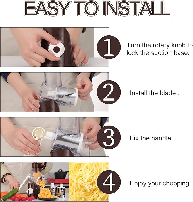 Ourokhome Rotary Cheese Grater Hand Crank, Kitchen Shredder Speed Mandolin Slicer Nut Grinder with Handle and Drum Blades for Cheese, Vegetable, Walnuts, Chocolate, Potato, Carrot,3 Blades, Coffee - Image 6