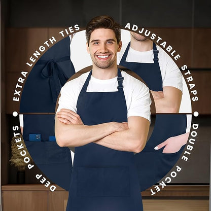Adjustable Bib Apron 100% Polyester Kitchen Aprons Waterdrop Resistant Aprons with Adjustable Strap, Pockets & Long Ties