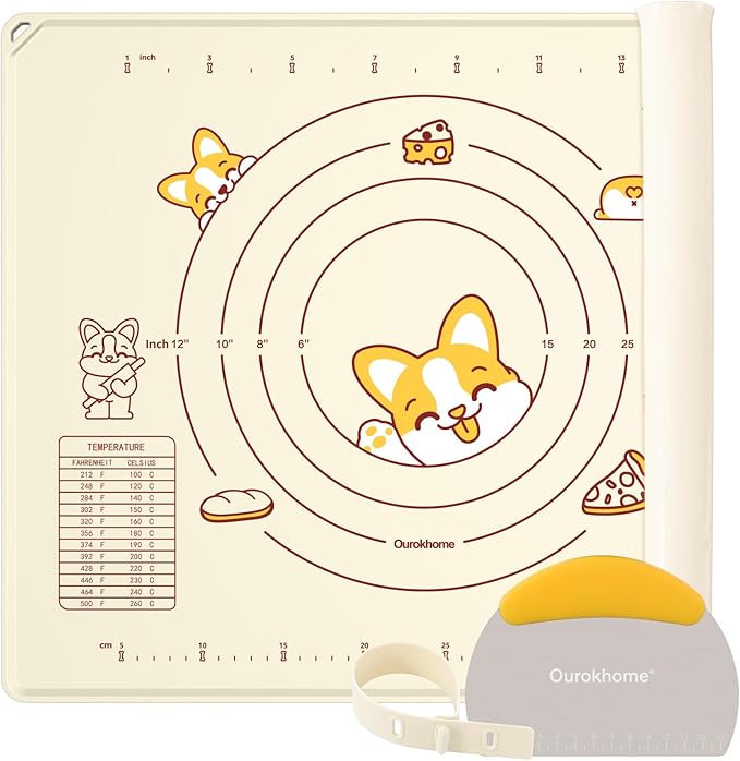 Ourokhome Silicone Baking Mat Sheet and Pastry Dough Cutter, 0.5 Inch Thick 20'' X 16" BPA free Silicone Rolling Mat, Non-Stick and Anti-Slip, Dishwasher Safe (Beige) by Ourokhome