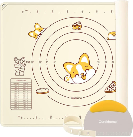 Ourokhome Silicone Baking Mat Sheet and Pastry Dough Cutter, 0.5 Inch Thick 20'' X 16" BPA free Silicone Rolling Mat, Non-Stick and Anti-Slip, Dishwasher Safe (Beige) by Ourokhome