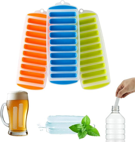 Lily's Home Silicone Narrow Ice Stick Cube Trays with Easy Push and Pop Out Material, Ideal for Sports and Water Bottles, Assorted Bright Colors (11.81" x 4.61" x 0.75", Set of 3) by LilysHome
