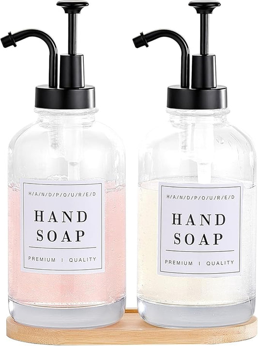 Glass Soap Dispenser with Pump,Tray,Funnel, Countertop Soap and Lotion Dispenser Set of 2, Dish and Hand Soap Dispenser Bottle for Kitchen,Bathroom,Shower, with 60 Stickers, 500ml/16.9oz