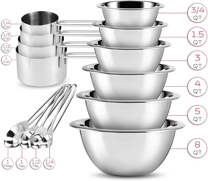 EATEX Stainless Steel Mixing Bowls with Measuring Cups & Spoons Set of 14 - Dishwasher Safe Nesting Mixing Bowl Set for Cooking, Baking & Meal Prep Non-Slip Premium Bowls - Image 3