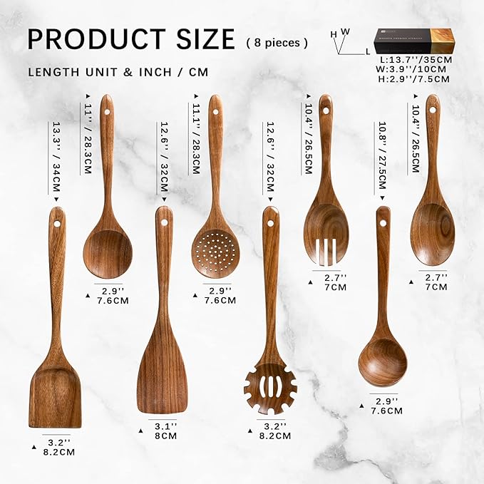 Wooden Spoons for Cooking, Nonstick Cooking Utensil Set with 8 Piece Acacia Wooden Spatulas and Spoons for Cooking, Terrific for Everyday Kitchen Tasks - Image 2