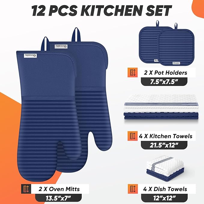 Oven Mitts Kitchen Towels and Dishcloths with Pot Holders Sets, Oven Gloves Hot Pads 500°F Heat Resistant with Silicone Grip, Include 2 Cooking Gloves/2 Potholders/4 Kitchen Towels/4 Dish Towels - Image 2