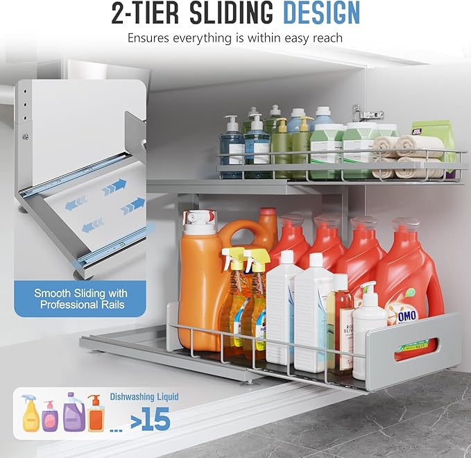 Under Sink Organizer Upgrade To Professional Rails,2-Tier Dual Pull Out Cabinet Storage,Height Adjustable Slide Out Drawers For Bathroom Kitchen,1 Pack-18.5"Dx12.8"-16.9"H,Gun Gray - Image 5