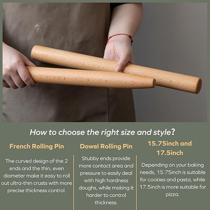 Muso Wood Wooden French Rolling Pin for Baking, Beech Wood Tapered Rolling Pin for Fondant Pie Crust Cookie Pastry(French 17.5-Inch) - Image 7