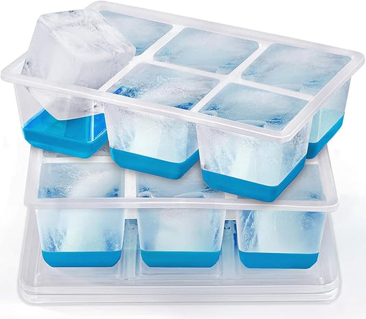 Ice Cube Trays 2 Pack, JRISBO Large Silicone Ice Cube Molds with Leak-Proof Lid, TPE Frame & Easy Release Bottom, Stackable Freezer Ice Trays for Whiskey, Cocktails, Soup, BPA Free (Blue)