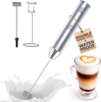 Zulay Kitchen Rechargeable Milk Frother Handheld Lux - Powerful 2-Speed Motor, Waterproof, 2000mAh Battery - Drink Mixer for Latte, Cappuccino, Matcha & Protein Powder - Pure Silver by ZulayKitchen