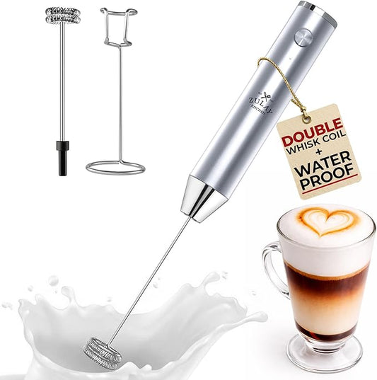 Zulay Kitchen Rechargeable Milk Frother Handheld Lux - Powerful 2-Speed Motor, Waterproof, 2000mAh Battery - Drink Mixer for Latte, Cappuccino, Matcha & Protein Powder - Pure Silver by ZulayKitchen