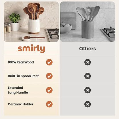 Wooden Spoons for Cooking - 12-Piece Premium Acacia Wood Utensil Set with Elegant Ceramic Holder & Spoon Rest, Non-Scratch Cooking Utensils Set for Nonstick Cookware, Luxury Kitchen Gift Set [Acacia]