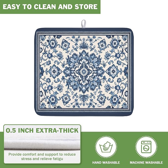 Blue Floral Dish Drying Mat for Kitchen Counter Vintage Flower Pattern Microfiber Dish Drainer Mat Rustic Farmhouse Absorbent Washable Drying Pad Extra Large 16"x18"