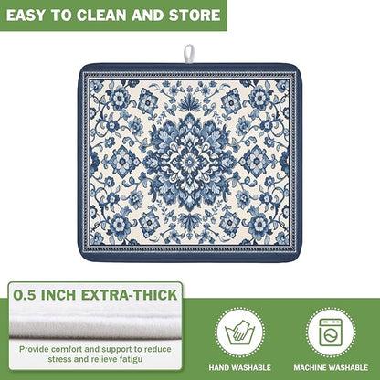 Blue Floral Dish Drying Mat for Kitchen Counter Vintage Flower Pattern Microfiber Dish Drainer Mat Rustic Farmhouse Absorbent Washable Drying Pad Extra Large 16"x18"