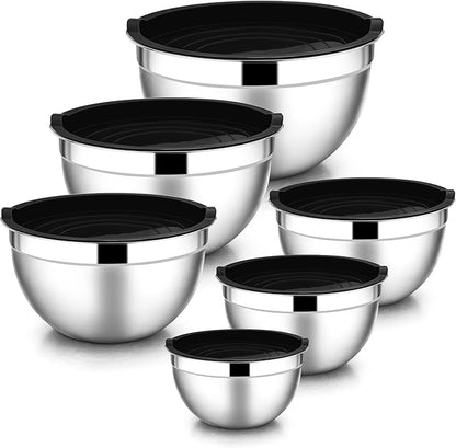 E-far Mixing Bowls with Lids, 12-Piece Stainless Steel Salad Bowls Metal Nesting Bowls for Baking Cooking and Prepping, Airtight Lids & Stackable Design, Size 7, 4.5, 3, 1.5, 1.2, 0.7 QT (Black) by E-far