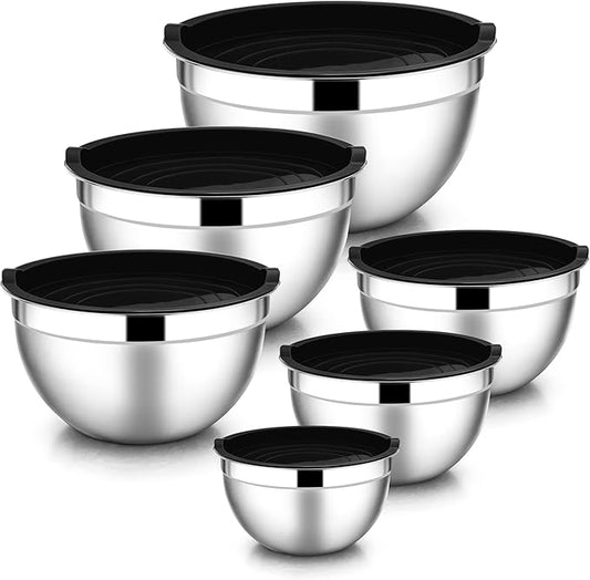 E-far Mixing Bowls with Lids, 12-Piece Stainless Steel Salad Bowls Metal Nesting Bowls for Baking Cooking and Prepping, Airtight Lids & Stackable Design, Size 7, 4.5, 3, 1.5, 1.2, 0.7 QT (Black) by E-far