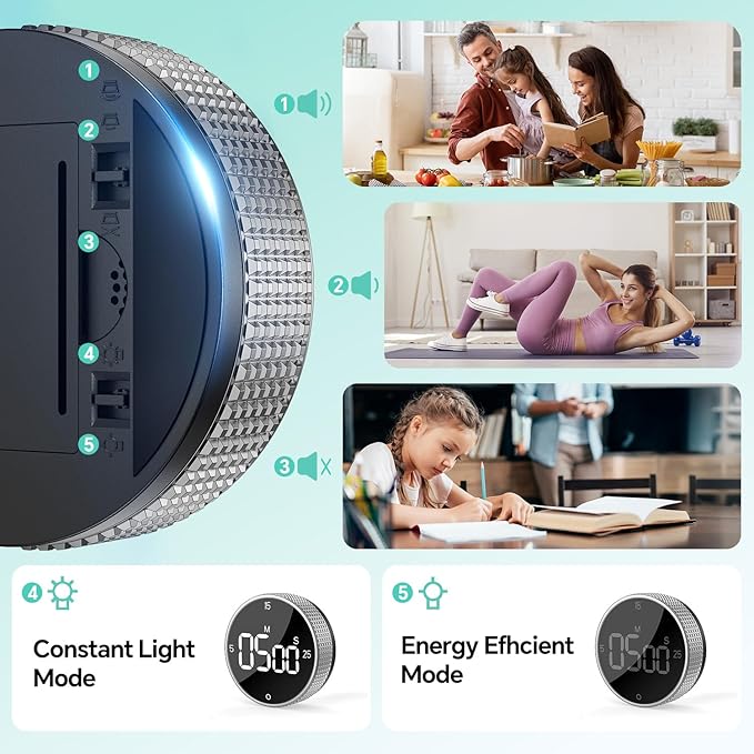 Digital Kitchen Timer with Magnetic, Large LED Display Countdown/Countup Timer, Pomodoro Preset 5/15/25 Mins, Volume & Brightness Adjustable for Cooking Baking Working Studying Silver - Image 5