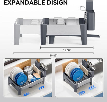 Urackify Expandable Dish Drying Rack, Stainless Steel Dish Rack with Aluminum Frame, Dish Drainer for Kitchen Counter, Space Saving Kitchen Drying Rack with Movable Utensil Holder, Gray - Image 3