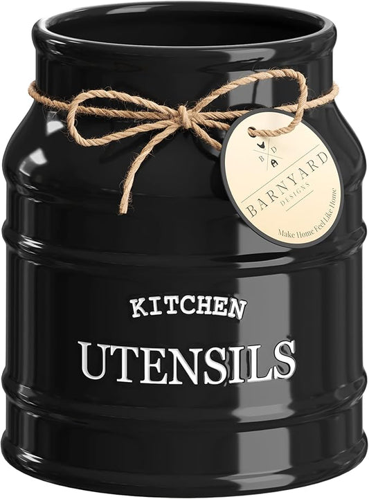 Barnyard Designs Ceramic Farmhouse Utensil Holder for Kitchen Counter, Large Rustic Utensil Crock, Countertop Cooking Tool Spatula Organizer, 6.75” (Black) by BarnyardDesigns