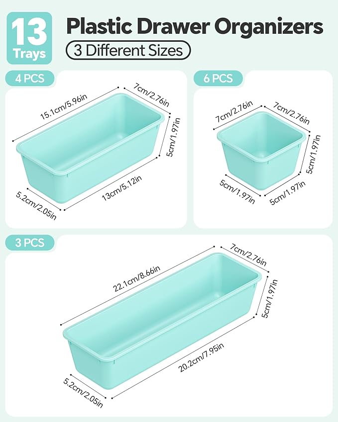 Canfanni 13 Pack Plastic Drawer Organizers Set, 3 Sizes Desk Drawer Organizer Trays for Vanity and Makeup Organizer, Organization and Storage for Makeup, Kitchen Utensils, Bathroom and Office(Blue) - Image 2
