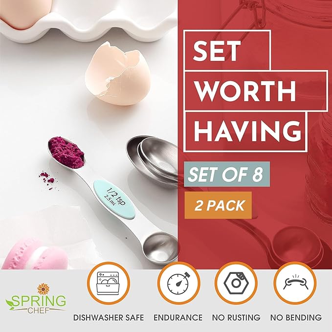 Spring Chef Stainless Steel Magnetic Measuring Spoons Set of 8 with Leveler, Metal Teaspoon & Tablespoon Measuring Spoons, Fits in Spice Jars, Kitchen Gadgets for Baking & Cooking - Set of 2 - Mint - Image 3
