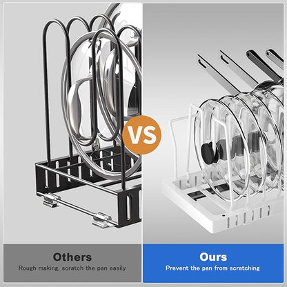 Mustorn 2 Pack Pots and Pans Organizer Under Cabinet, 21.6" Deep Pull Out Pot Lid Organizer Holder with Guardrail Adhesive Pot and Pan Holder Rack with 10 Adjustable Dividers(White) - Image 5