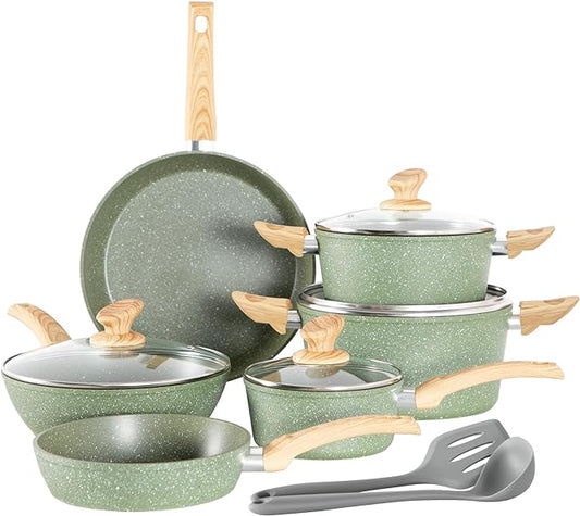Kitchen Academy Non Toxic Pots and Pans Set Non Stick - 12 Piece Induction Cookware Sets, Green Granite Nonstick Cooking Pot and Pan, PFOA&PFOS Free by KITCHENACADEMYBETTERLIVINGTHROUGHCOOKINGPERFECTION