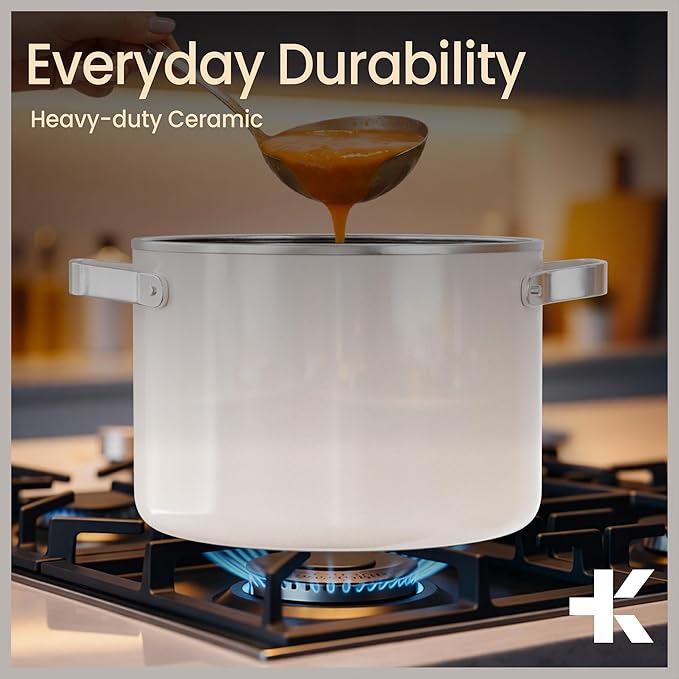 Bakken 8.5 Quart Ceramic Coated Stock Pot with Lid, Easy Clean Nonstick Pot, Tempered Glass Lid, Riveted Stainless Steel Handles, Oven Safe Up To 500°F, PTFE & PFAS Free, All Stove Compatible, Cream - Image 7
