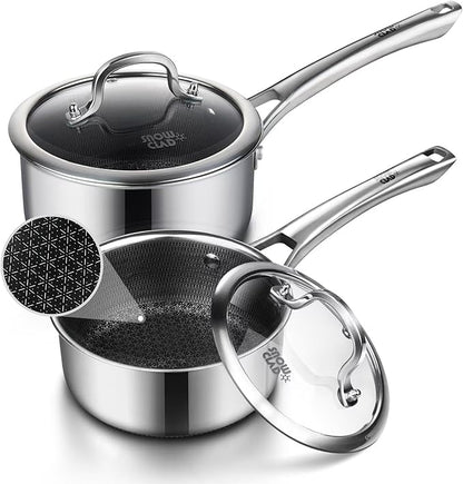 Sauce pan with lid,1.5 Quart & 2.5 Quart Hybrid Nonstick Sauce pans set, Stainless Steel cookware,non stick Pots PFOA Free,Works on Induction,Ceramic and Gas Cooktops by SNOWCLAD