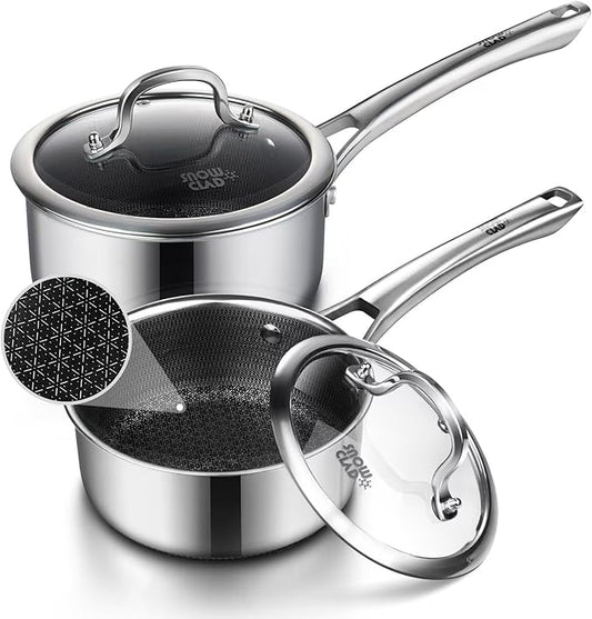 Sauce pan with lid,1.5 Quart & 2.5 Quart Hybrid Nonstick Sauce pans set, Stainless Steel cookware,non stick Pots PFOA Free,Works on Induction,Ceramic and Gas Cooktops by SNOWCLAD