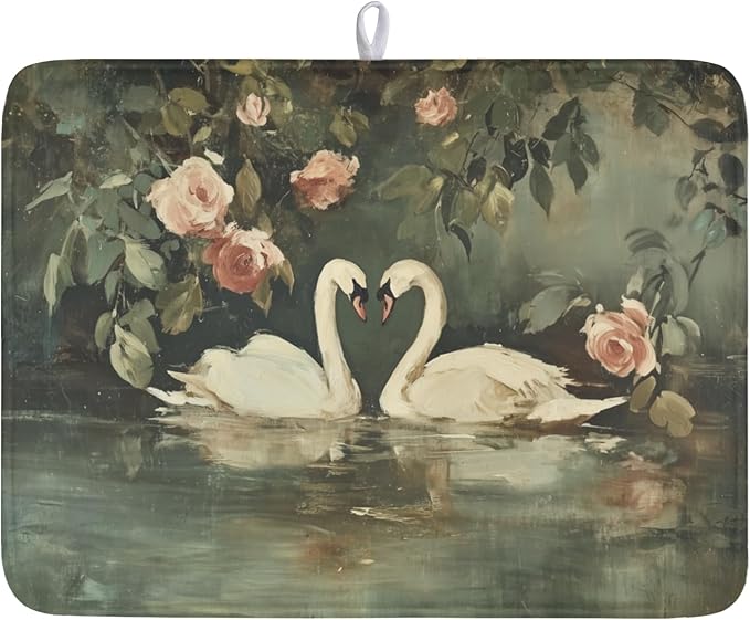 Swans Dish Drying Mat 24x18 Inch, White Swan Drying Mat with Absorbent Reversible Microfiber, Wildlife Aesthetic Dish Drainer Mats Summer Rack Pad for Coffee Countertop Kitchen Protector