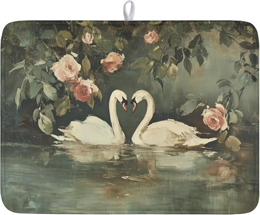 Swans Dish Drying Mat 24x18 Inch, White Swan Drying Mat with Absorbent Reversible Microfiber, Wildlife Aesthetic Dish Drainer Mats Summer Rack Pad for Coffee Countertop Kitchen Protector