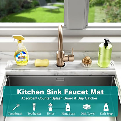 Stone Faucet Mat for Kitchen Sink - Quick Dry Diatomite Sink Splash Guard, Prevents Moisture Buildup & Water Stains, Water Absorbing Stone Tray for Bathroom Countertop (White, 23.6" x 4")