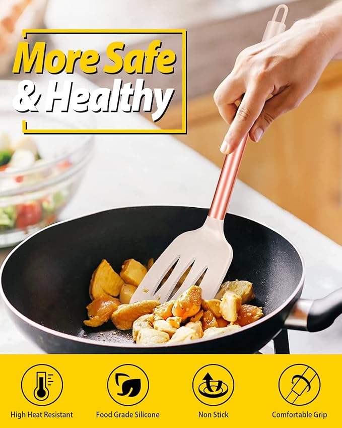 Pack of 2 Silicone Solid Turner, Non Stick Slotted Kitchen Spatulas, High Heat Resistant BPA Free Cooking Utensils, Ideal Cookware for Fish, Eggs, Pancakes(Rose Gold Khaki) - Image 5