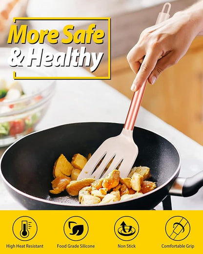 Pack of 2 Silicone Solid Turner, Non Stick Slotted Kitchen Spatulas, High Heat Resistant BPA Free Cooking Utensils, Ideal Cookware for Fish, Eggs, Pancakes(Rose Gold Khaki) - Image 5