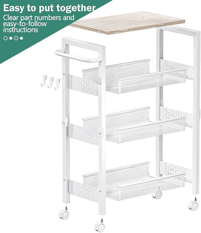 Vivihomety Utility Slim Storage Cart with Wheels, 4 Tier Small Rolling Cart with Wood Top, Metal Kitchen Bathroom Laundry Room Organization Trolley with Handle for Narrow Space - White - Image 8